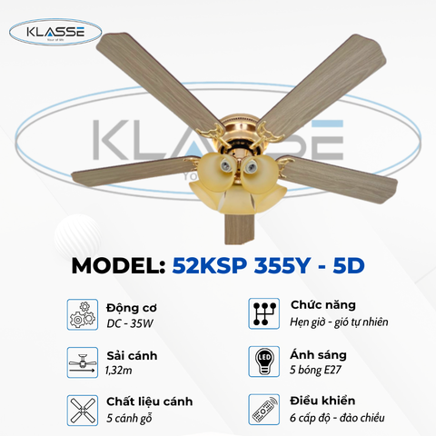 Quạt trần cánh gỗ chùm đèn Klasse 52KSP 355Y – 5D