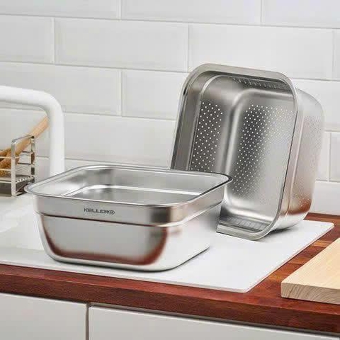 SET RỔ CHẬU INOX KELLER@ 32CM SIÊU TIỆN LỢI (1 chậu + 1 rổ vuông)