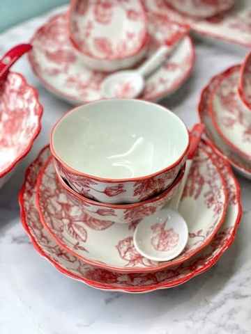 Bộ Bát Đĩa Sứ Hoa Văn Đỏ Cao Cấp – Set 35 món cho 6 người