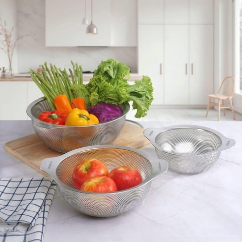 SET 3 RỔ INOX CÓ TAY CẦM GKÖCH MYDH0305 (kích thước 16cm, 20cm & 24cm)