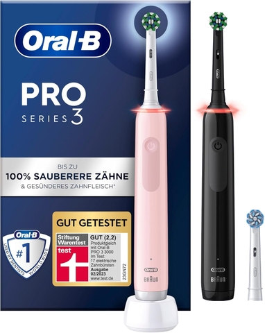 SET 2 BÀN CHẢI ĐÁNH RĂNG ORAL-B PRO 3 3900 MÀU ĐEN HỒNG ( 3 ĐẦU BÀN CHẢI)