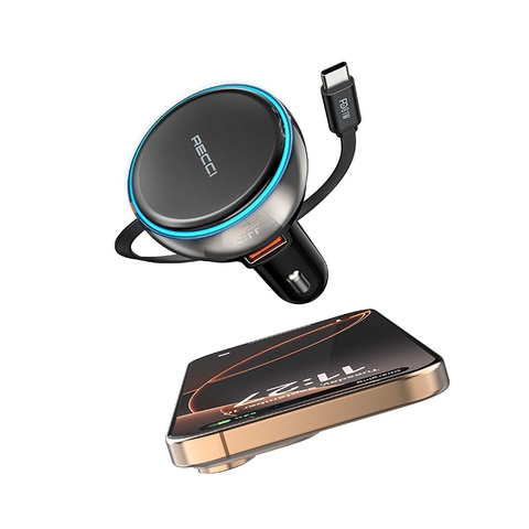 Củ sạc nhanh trên ô tô 3IN1 tích hợp dây rút Type-C 81W RECCI RQ10 (12-24V)