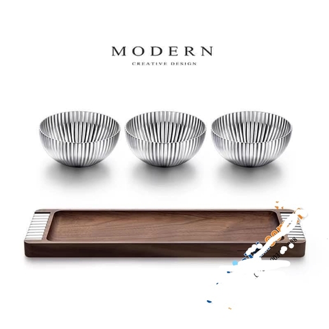 Set 3 bát bày hạt, gia vị Modern kèm khay bằng gỗ óc chó sang trọng