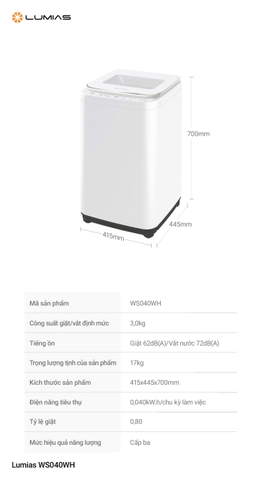 Máy giặt mini chức năng giặt nhiệt độ cao Lumias WS040WH