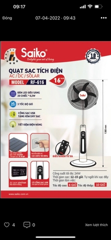 Quạt sạc điện Saiko RF-616