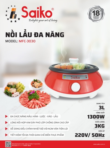 Nồi lẩu điện đa năng 3 lít Saiko MFC-3030