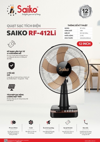 Quạt sạc tích điện Saiko RF-412Li