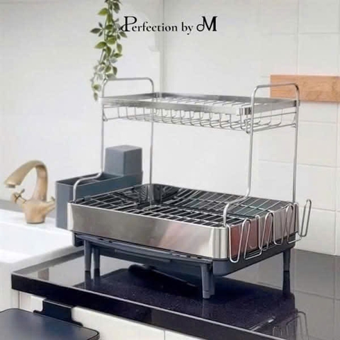 Giá úp bát cao cấp 2 tầng Perfection by M, thiết kế hiện đại, thoát nước nhanh, có kệ để chảo thớt