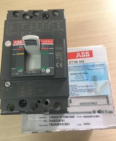 MCCB 3P 80A 36kA ABB, loại XT1N