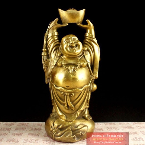 Phật di lặc nâng đĩnh vàng đồng nguyên chất 19x8.5cm - 0.75kg