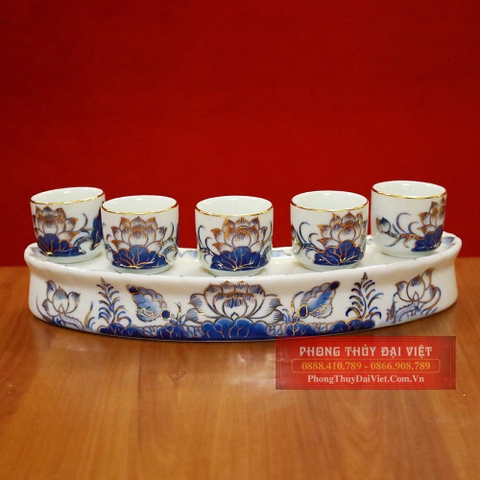Bộ kỷ ngai 5 chén cong men ngọc  vẽ vàng 24k
