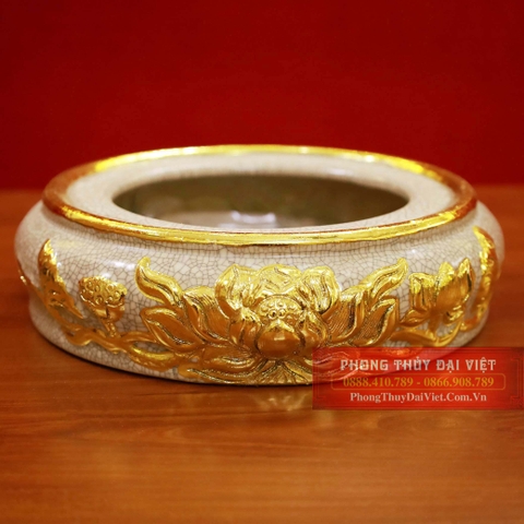 Chân bát hương sen men rạn đắp nổi dát vàng 24k cao cấp