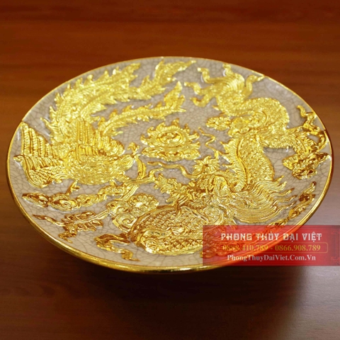 Mâm bồng rồng men rạn đắp nổi dát vàng 24k cao cấp