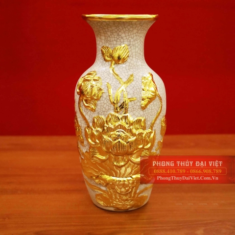 Lục bình sen men rạn đắp nổi dát vàng 24k cao cấp