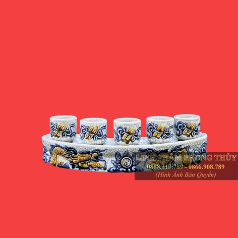 Kỷ ngai cong 5 chén vẽ rồng men rạn