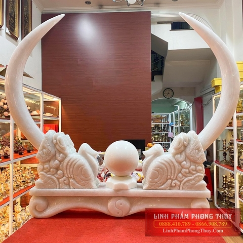 Bộ lân ngậm ngà voi bạch ngọc cẩm thạch - SP001215