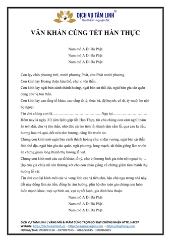 Bài Văn Khấn Cúng Tết Hàn Thực
