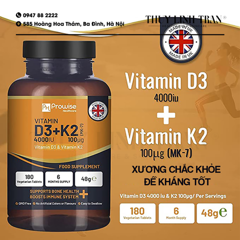 PROWISE Vitamin D3 4000IU + K2 180v/Vitamin chắc khỏe xương D3K2