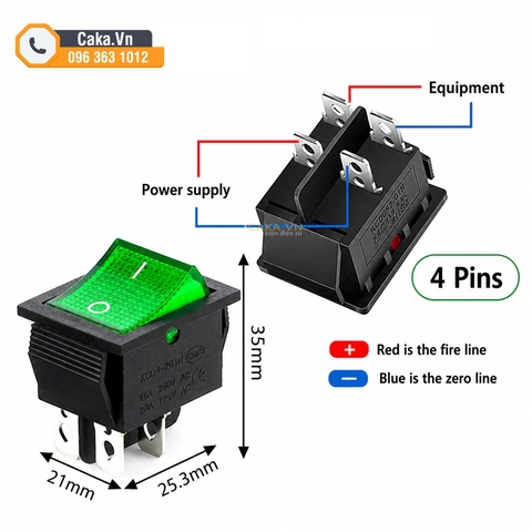 Công Tắc Bập Bênh KCD4 16A 250VAC 4 Chân Có Đèn Màu Xanh