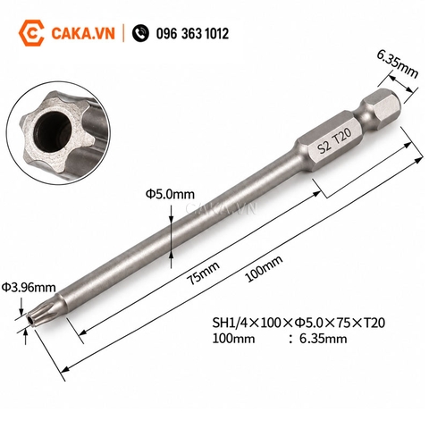 Mũi Vít Hoa Thị Có Lỗ T20 Dài 100mm Thép S2 Chuôi 6.35mm