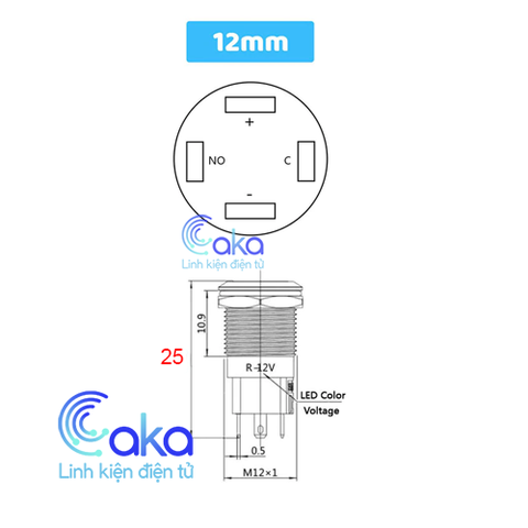 Nút nhấn nhả kim loại 12mm có đèn báo