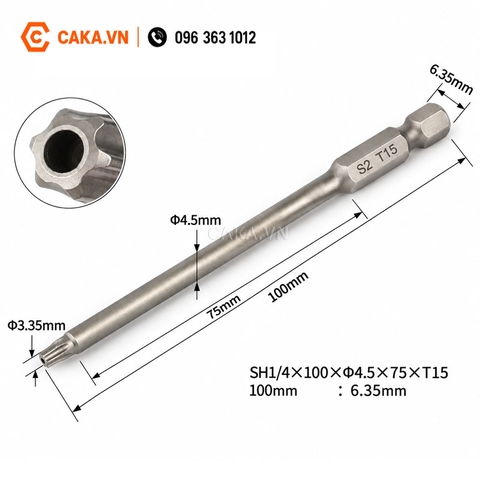 Mũi Vít Hoa Thị Có Lỗ T15 Dài 100mm Thép S2 Chuôi 6.35mm
