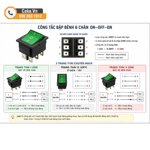 Công Tắc Đảo Chiều KCD4 6 Chân 3 Vị Trí Có Đèn Màu Xanh 16A 250V