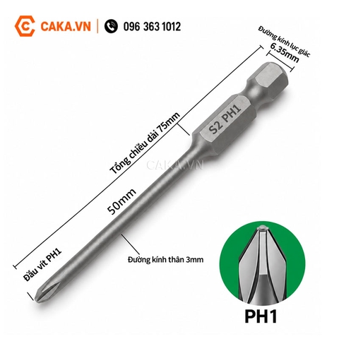 Đầu Vít Bake PH1 S2 1/4 Inch 6.35mm Dài 75mm