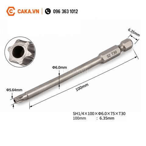 Mũi Vít Hoa Thị Có Lỗ T30 Dài 100mm Thép S2 Chuôi 6.35mm