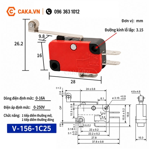 Công Tắc Hành Trình V-156-1C25 16A 250V 3 Chân