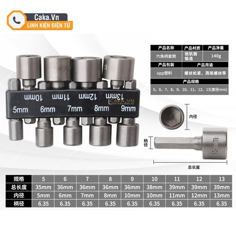 Bộ đầu khẩu lục giác 6.35mm 9-14 chi tiết cho máy khoan và tua vít điện