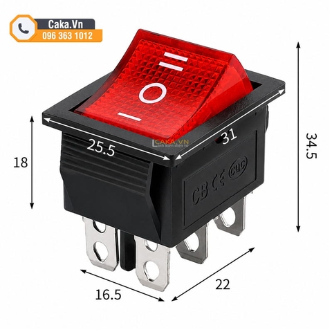 Công Tắc Đảo Chiều KCD4 6 Chân 3 Vị Trí Có Đèn Màu Đỏ 16A 250V