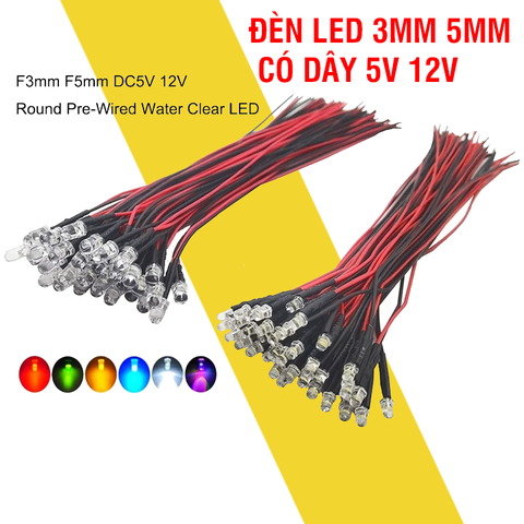 Set 5 Bóng đèn led 5v 12v có dây dài 20cm 3mm/5mm nhiều màu chất lượng cao