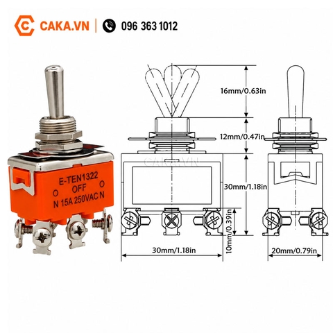 Công Tắc Gạt E-TEN1322 6 Chân 3 Vị Trí ON-OFF-ON