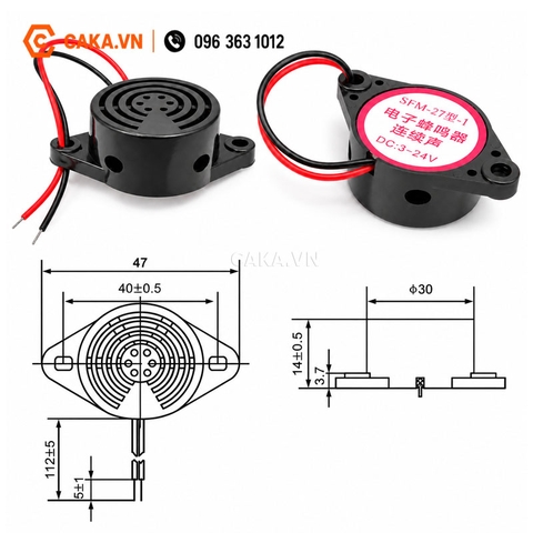 Còi Buzzer SFM-27 3-24VDC Có Dây Kêu Ngắt Quãng