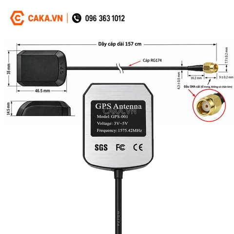 Ăng Ten GPS-001 1575.42MHz Dây 1.5M Đầu RP-SMA Cái