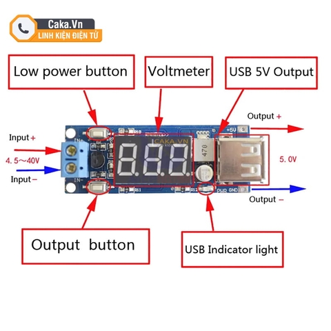 Module giảm áp DC-DC 12V-40V xuống 5V 3A có LED hiển thị điện áp nguồn