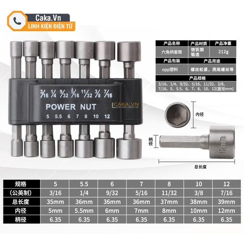 Bộ đầu khẩu lục giác 6.35mm 9-14 chi tiết cho máy khoan và tua vít điện