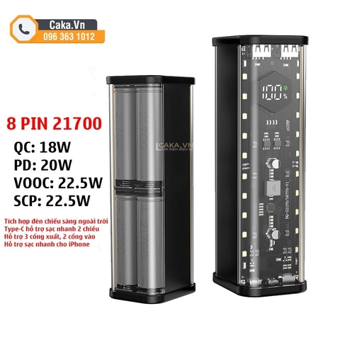 Vỏ sạc dự phòng trong suốt 8 cell 21700 hỗ trợ sạc nhanh PD 25W