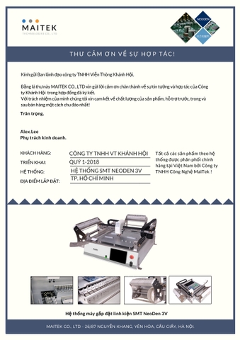 Thư cảm ơn công ty TNHH Viễn Thông Khánh Hội