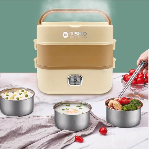 Hộp Hâm Cơm - Tiệt Trùng Bình Sữa Mishio MK345 Kèm 4 Hộp Đựng Inox 304