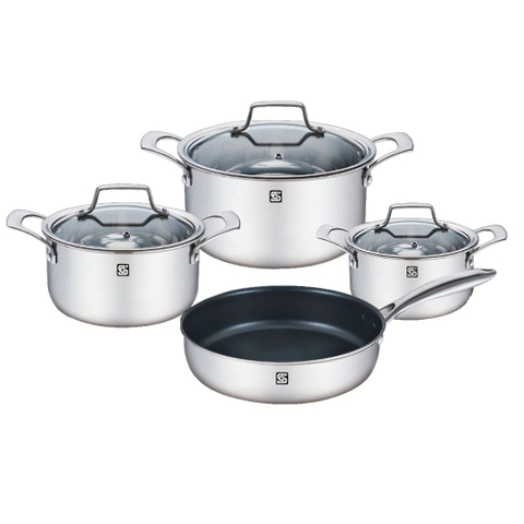 Bộ 4 Nồi, Chảo Inox 304 Nguyên Khối 3 Lớp