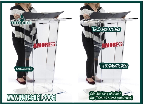 Bục phát biểu mica trong cắt sắc nét  in logo decal