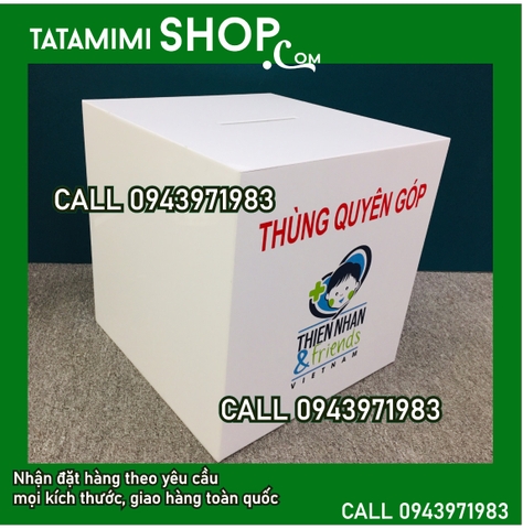 Hòm từ thiện mica trắng sữa gắn logo