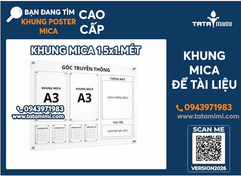 Khung mica treo tường, khung góc truyền thông 1x1,5 Mét