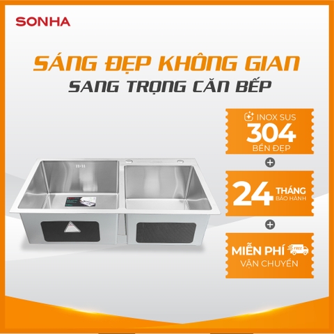 Chậu inox cao cấp Sơn hà Handmade 2 hộc lệch