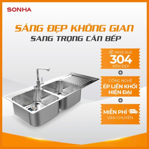 Chậu rửa bát inox cao cấp Sơn Hà 2 hố cân 1 bàn