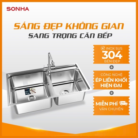Chậu rửa bát inox cao cấp Sơn Hà 2 hộc lệch - S80
