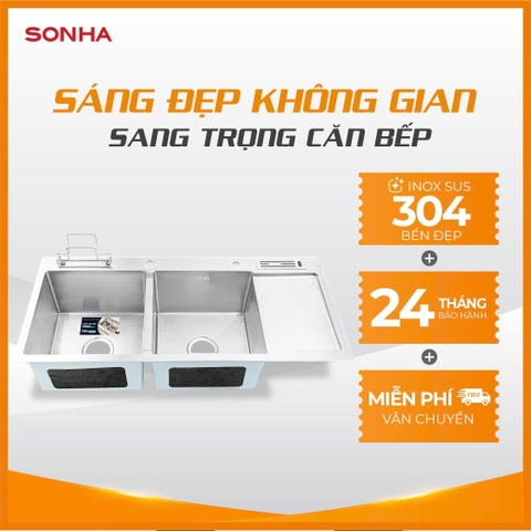 Chậu inox cao cấp Sơn Hà Luxury Handmade 2 hố 1 bàn