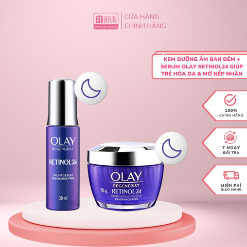 Combo Kem Dưỡng Ẩm Ban Đêm + Serum OLAY RETINOL24 Giúp Trẻ Hóa Da & Mờ Nếp Nhăn 50G + 30ML